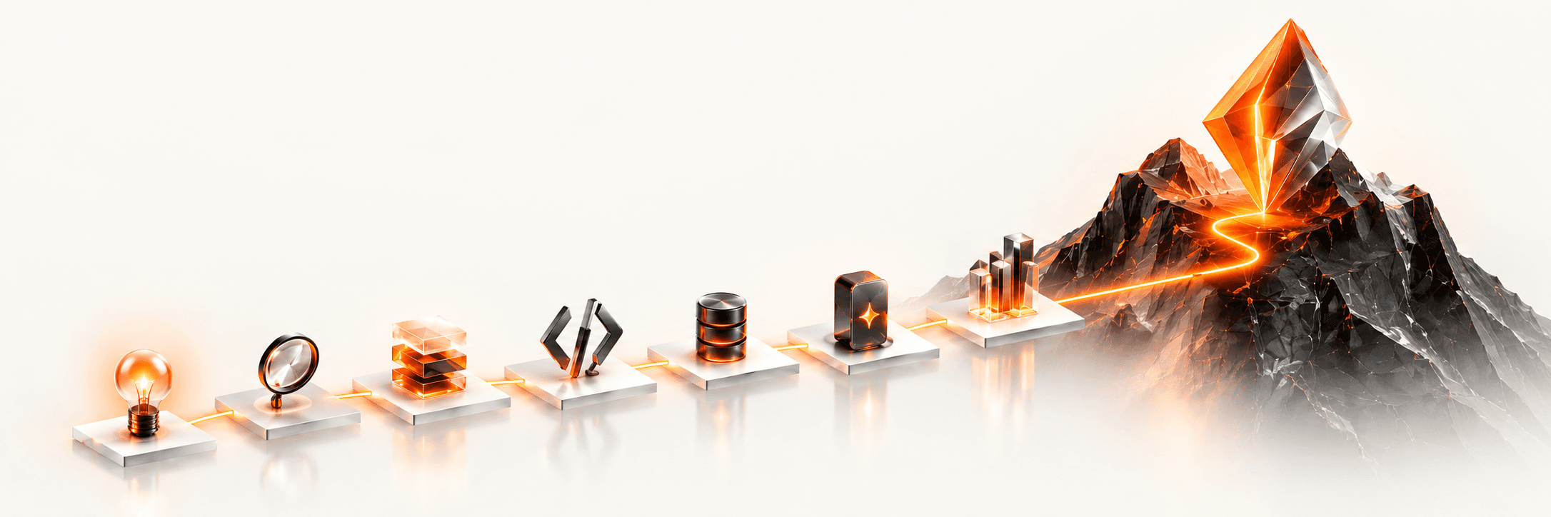 Seven connected plinths, from an illuminated idea to a mountain crowned by an orange prism